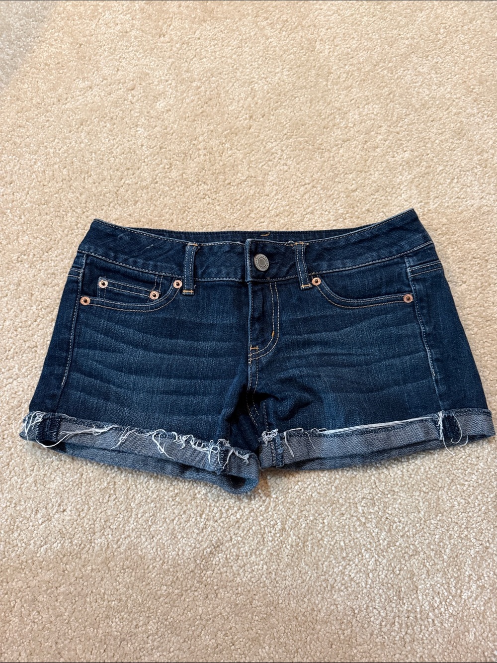 American Eagle Outfitters Dark Blue Frayed Hem Denim Shorts